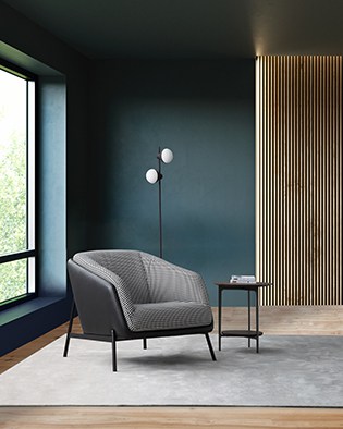 Modern Italian interior design living room with dark walls and vertical slats panel, 3D Render